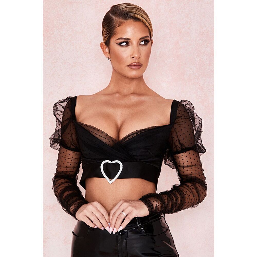 House of CB Clara Long Sleeve Dotted Gathered Mesh Puff Sleeve Heart Buckle Top